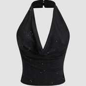 Resim Kadınların Y2K Tarzı Ön Yırtık ve Glitter Detaylı Halter Boyun Üstü - Siyah Parıltılı Arka Tasarım, Esnek Polyester-Elastane Karışımı, Makine Yıkanabilir, Tüm Mevsimler İçin Moda Halternec 