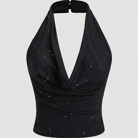Resim Kadınların Y2K Tarzı Ön Yırtık ve Glitter Detaylı Halter Boyun Üstü - Siyah Parıltılı Arka Tasarım, Esnek Polyester-Elastane Karışımı, Makine Yıkanabilir, Tüm Mevsimler İçin Moda Halternec 