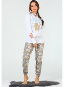 Resim İpek Ayıcık Desenli Uzun Kollu Kadın Pijama Takımı Gri Gri - Ekru 