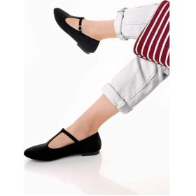 Resim Siyah Süet T-strap Mary Jane Tasarım Babet Siyah Süet 