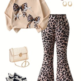 Resim 2 Parça Set: Şık Leopar Desenli Fiyonklu Beyaz 3D Uzun Kollu Üst ve Geniş Paçalı Pantolon, Kızlar İçin Bahar/Sonbahar Okul Giyimi, Rahat ve Pratik Dış Mekan Kullanımı 