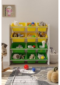 Resim 12 Sepetli Çok Amaçlı Oyuncak Dolabı Montessori Dolap Sarı-yeşil Sarı - Yeşil 