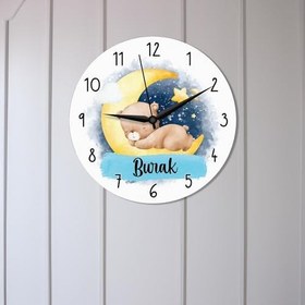 Resim caju art & decoration CajuArt Ayda Uyuyan Sevimli Ayı Kişiye Özel Mavi Çocuk Odası Duvar Saati 