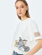 Resim Tom ve Jerry Lisanslı Baskılı Oversize Crop Tişört 