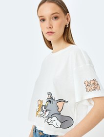 Resim Tom ve Jerry Lisanslı Baskılı Oversize Crop Tişört 