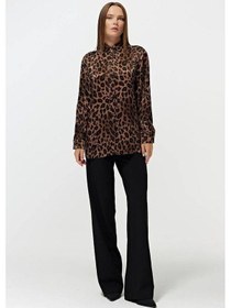 Resim Mixray 4106 Leopar Desen Saten Gömlek Kahve 