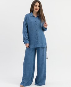 Resim VELİZADE Konfor Modeli Oversize Mavi Yanı Büzgülü Viskon Kumaş Boyfriend Gömlek Uzun Tesettür Gömlek 