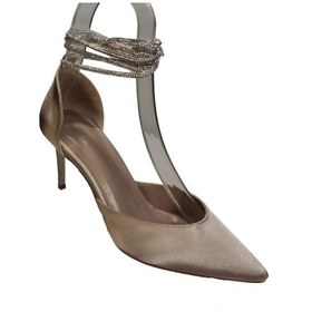 Resim Yazkış Kadın Saten Önü Sivri Yanları Açık Bilekten Bağlama 7 CM İnce Topuk Ayakkabı 001 