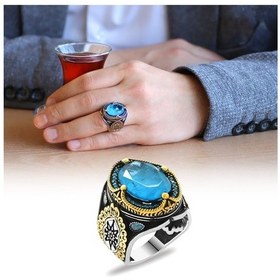 Resim Faset Kesim Aqua Paraiba Taşlı 925 Ayar Gümüş Erkek Yüzük (500124914) 