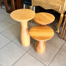 Resim Ahşap 3lü Set Fitilli Mantar Yan Sehpa Modern Fiskos / Çiçeklik / Zigon Sehpa 