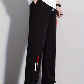 Resim Erkek Yazlık Buzlu Fiber Kumaş Hızlı Kuruyan Joggers - Siyah ile Kırmızı ve Beyaz Harf Baskısı, Düz Bacak Tasarımı, Rahat Günlük ve Dış Mekan Giyim, Koşu, Antrenman ve Eğlence Aktiviteleri için Mükemmel, Jogging Pantolonu, Egzersiz Pantolonu, Spor Stili, Dayanıklı Kumaş 