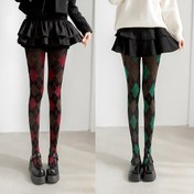 Resim 1 Çift Kadınlar için Vintage Esintili Argyle Desenli Zayıflatıcı Tayt - Kırmızı & Yeşil/Siyah & Beyaz İki Tonlu Tasarım, Esnek Naylon Karışımı, Şık Günlük & Parti Giyimi, Bel Şekillendirici 