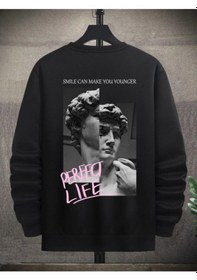 Resim Adrift Unisex Kadın/erkek Siyah Perfect Life Oversize Bisiklet Yaka Pamuklu Sweatshirt Siyah 
