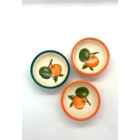 Resim Yeşil Turuncu Bodrum Mandalin Desenli Seramik Kase Reçellik Çerezlik Lokumluk 3’lü Set 