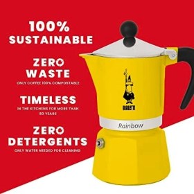 Resim - Rainbow: 3 Cups Ocak Üstü Espresso Pişirici - 130ML - Sarı Renk - Alüminyum Gövde - Patentli Güvenlik Valfi - Tüm Ocak Türleri Için Uygundur (Indüksiyon Hariç) 