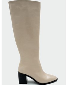 Resim Volera Bej Deri Kadın Küt Burun Topuklu Çizme Bej 