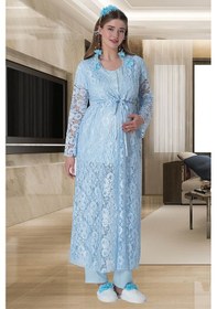 Resim Mecit Pijama Mecit 6000 Mavi Dantel Sabahlıklı Lohusa Pijama Takımı 