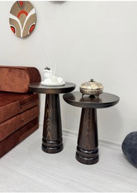 Resim AYLESA Doğal Ahşap 2’li Set Mantar Yan Sehpa Modern Koyu Ceviz Renk Fiskos Zigon Çiçeklik 