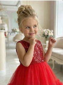 Resim Butikhappykids Kız Çocuk Kırmızı Payetli Volanlı Tüllü Prenses Abiye Elbise 1-5 Yaş Kırmızı 