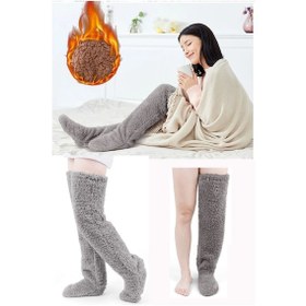 Resim Sauna Suit Gri Sock Peluş Uyku Çorabı Welsoft Diz Üstü Oda Çorabı Ayak Isıtıcı Uzun Gonç Çorap Gri 