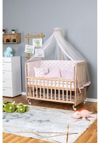 Resim Ahşap Beşik Anne Yanı Beşik Organik 70x130 - Pembe Balina Uyku Seti + Yataklı + Tekerlekli Ahşap 