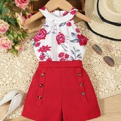 Resim Kadınların Günlük ve Parti Kıyafeti için Mükemmel Yazlık Şort Takımı - Kısa Kollu Çiçek Desenli Atlet ve Kırmızı Şortlar, Düğme Detayları ile, Polyester, Dış Mekan için İdeal 