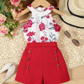 Resim Kadınların Günlük ve Parti Kıyafeti için Mükemmel Yazlık Şort Takımı - Kısa Kollu Çiçek Desenli Atlet ve Kırmızı Şortlar, Düğme Detayları ile, Polyester, Dış Mekan için İdeal 