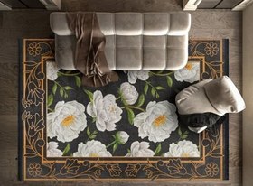 Resim Siyah Çiçekli Modern Geometrik Etnik Eskitme Desenli Boho Makinada Yıkanabilir Hafif Hav Toz Vermez Leke Tutmaz Kaymaz Taban Dijital Makine Baskı Halı Oturma Odası Salon Yolluk Koridor Mutfak Halısı 