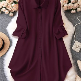 Resim Bayram Neşesi Kadınlar İçin Büyük Beden Bordo Düğmeli Gömlek - Uzun Kollu, Yaka Çevirme, Akışkan Etek, Tatil Stili, Makinede Yıkanabilir, Polyester Karışımı, Her Mevsim Giyim | Kolsuz Moda | Hafif Elbise 