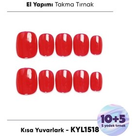 Resim 15'li Kırmızı Kısa Yuvarlak Kyl1518 Tekrar Kullanılabilir El Yapımı Protez Takma Tırnak Xs 