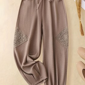 Resim Kadın Bohem Tarzı Joggers, Bağcıklı Bel, Dantel Süslemeleri ve Cep Detayları - Kahverengi, Esnek Bel, Tüm Mevsim Rahatlığı, Günlük Giyim|Bohem Tarzı|Esnek Bel Pantolon 