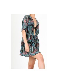 Resim Pareo Plaj Elbisesi Kimono Std Yazlık Oversize Tül Gömlek Kemerli Elbise Leaf Siyah 