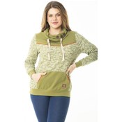 Resim Kadın Büyük Beden Kuşgözü Bağcık ve Süs Düğme Detaylı Kanguru Cepli Dik Yaka Sweatshirt 65n37122-yeşil Yeşil 