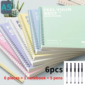 Resim 6 Parça Set: 1 Spiral Defter + 5 Siyah Kalem, Minimalist Taşınabilir A5 Sert Kapaklı Yırtılır Sayfalarla (Yatay & Dikey Çizgili) Ciltli Günlük – Ofis veya Okul Malzemeleri için Mükemmel Noel Hediyesi, Şık Tasarım 