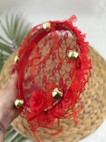 Resim Lüks Dantel 3D Çiçek Kurdele Süslemeli Zilli Gelin Nedime Tefi - Kırmızı 