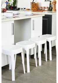 Resim Kaymaz Ayaklı Dekoratif İç İçe Geçebilen Plastik Tabure Mutfak Bahçe Taburesi 4 Adet Beyaz Beyaz 