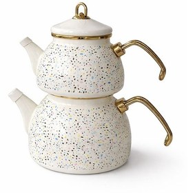 Resim Emaye Çaydanlık Takımı 2,3 L Suluk + 1,1 L Demlik Gold Detaylı Bej - Mavi 