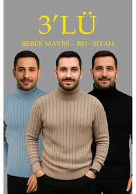 Resim Assema Erkek Fitilli Triko Kazak 3'lü Set Bebek Mavisi Bej Siyah Regular Balıkcı Yaka Tam Boğazlı Triko Seti Modeli Kazak Çok Renkli 