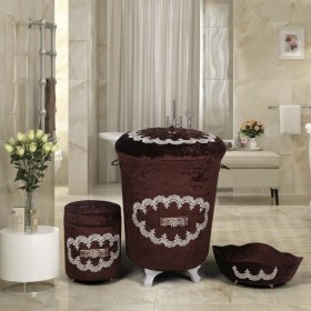 Resim Bonny Home Galaxy Kahve 3'lü Kadife Çeyizlik Dantelli Banyo Kirli Çamaşır Sepeti Seti 