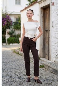 Resim Asimetrik Yaka Kuşaklı Beli Tokalı Bluz Beyaz 