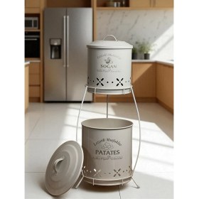 Resim Özbience Çift Katlı Metal Sebze Sepeti, Krem Renk, Patates ve Soğanlık Organizer 