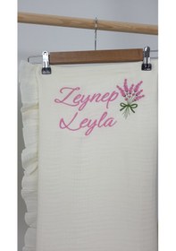 Resim Gros Shop Müslin Yeni Doğan 4katlı Organik %100pamuk Kişiye Özgü Nakışlı Hastane Çıkış Seti Lavanta Model-2 Ekru 