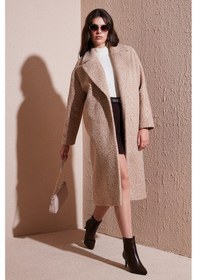 Resim Lela Oversize Fit Mono Yaka Düğmeli Buklet Uzun Kaşe Bayan Kaban 6810236 Bej 