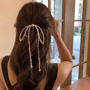 Resim 1 adet Şık Fransız Boncuklu Saç Toku - Beyaz İmitasyon İnci ve Altın Kurdele, Partiler, Düğünler ve Özel Günler için Mükemmel, Sevimli Plastik Şeritli Saç Aksesuarı ile Boncuk ve İnci Öğeleri 
