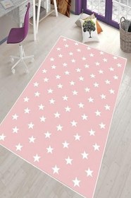 Resim Pelangi Pembe Yıldızlı Çocuk Odası Yıkanabilir Kaymaz Taban Leke Tutmazbebek Ve Çocuk Odası Halısı, Pembe-Beyaz 60 x 200 