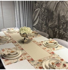 Resim Keten 6 Lı Ay Desen 6 Amerikan Servis & 1 Runner 6 Peçete Çok Renkli 