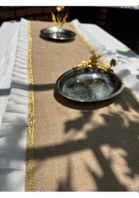 Resim Diletto Hasır Jüt Kumaş Gold Şeritli Tül Fırfırlı Runner Hasır Kahve 
