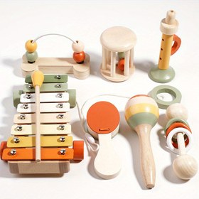 Resim Bu 7 parça müzik aleti seti, bir xylofon, çan titresici, marakas ve ahşap bloklar içerir. Tüm bunlar, çocuklar için harika bir öğrenme ve duyusal gelişim aracıdır. 