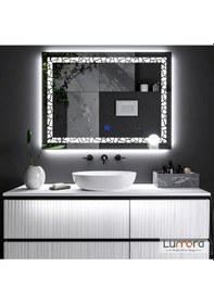 Resim Gleamira Beyaz Led'li Lazer Kumlamalı Lavabo & Banyo Aynası Dokunmatik Sensörlü 100 X 75 Cm 