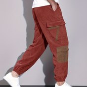 Resim Erkekler için Kadife Kargo Pantolon - Çok Cepli Tasarım, Ayarlanabilir Bel İpi, Bordo Renk, Polyester Astarlı, Tüm Sezonlar İçin Günlük ve Spor Giyim (Esnek Olmayan Kumaş) 